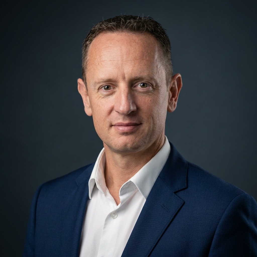 Henny Schlebusch wearing a navy jacket and white shirt